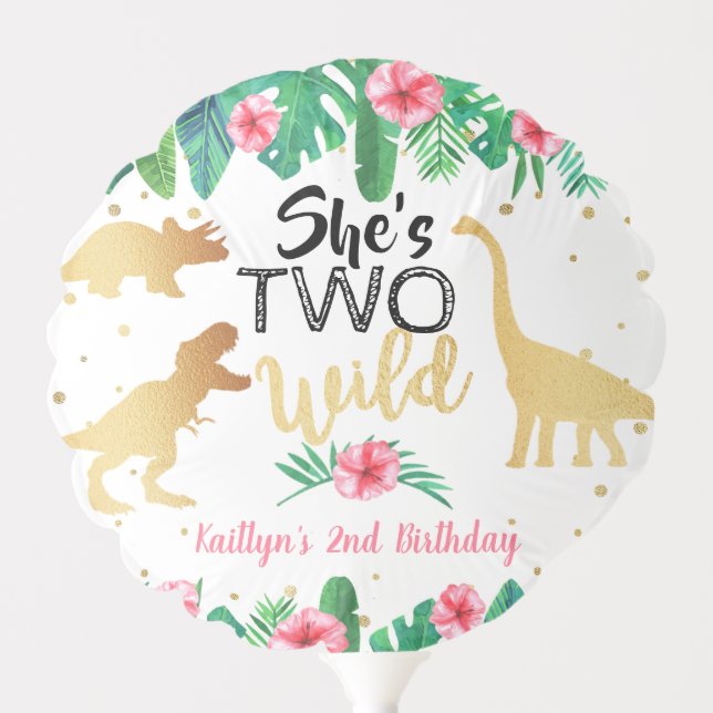 Two Wild Dinosaur Girls 2nd Birthday Party Balloon (Front)