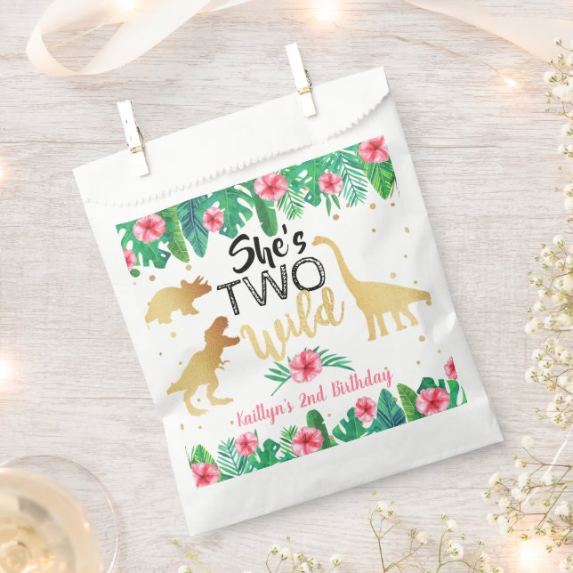 Two Wild Dinosaur Girls 2nd Birthday Party Favor Bag (Clipped)