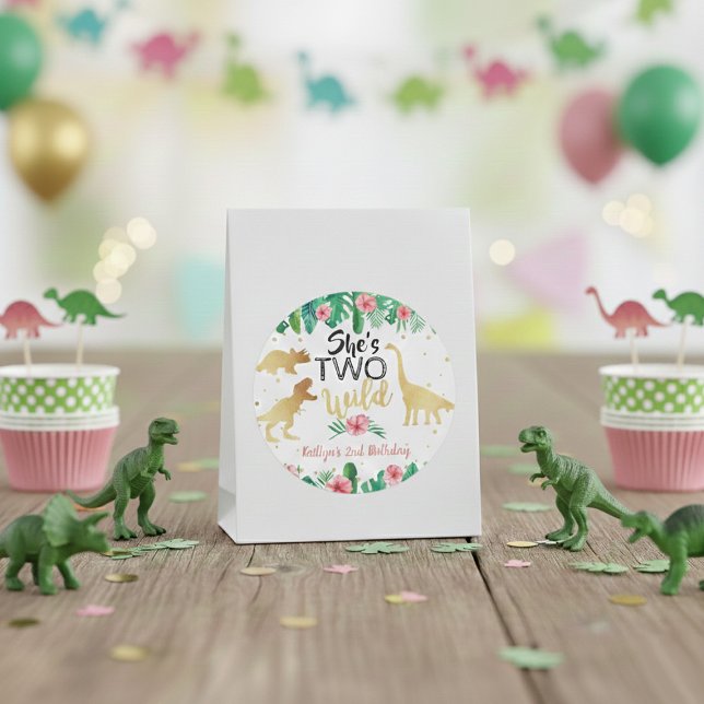 Two Wild Dinosaur Girls 2nd Birthday Party Favor Classic Round Sticker (Creator Uploaded)