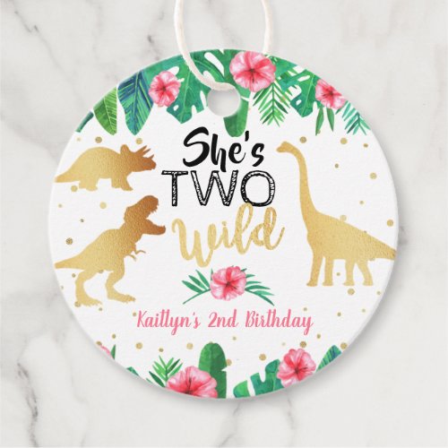 Two Wild Dinosaur Girls 2nd Birthday Party Favor Tags