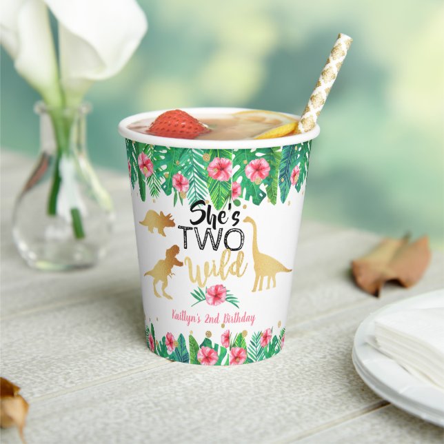 Two Wild Dinosaur Girls 2nd Birthday Party Paper Cups (Insitu)