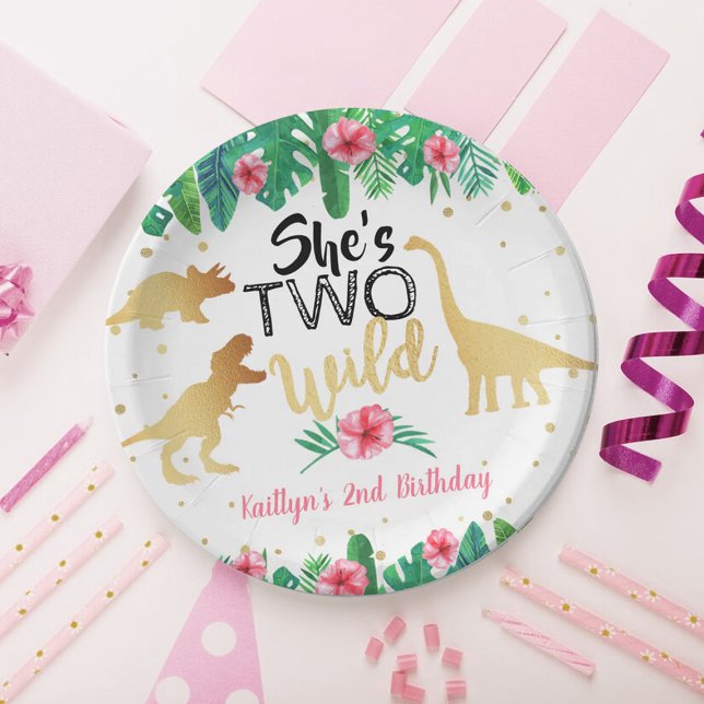 Two Wild Dinosaur Girls 2nd Birthday Party Paper Plates (Creator Uploaded)