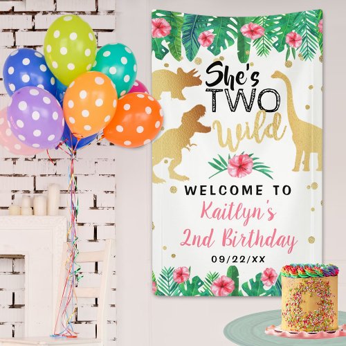 Two Wild Dinosaur Girls 2nd Birthday Party Welcome Banner