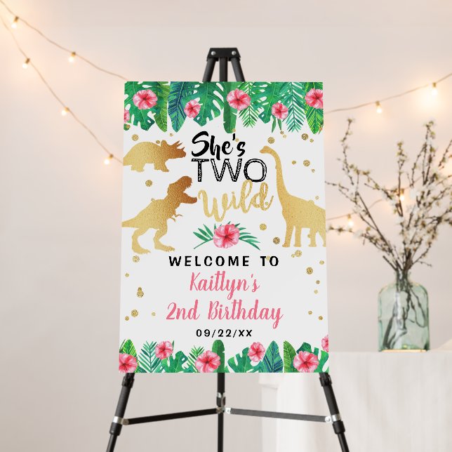 Two Wild Dinosaur Girls 2nd Birthday Party Welcome Foam Board (In Situ (Stand))