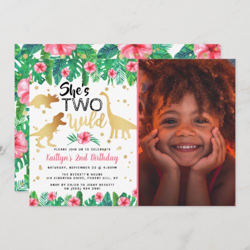 Two Wild Dinosaur Girls 2nd Birthday Photo Invitation