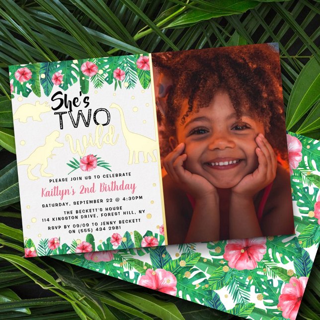 Two Wild Dinosaur Girls 2nd Birthday Photo Real Foil Invitation (Creator Uploaded)