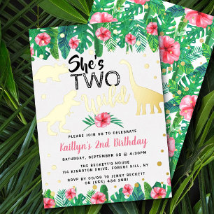 Two Wild Dinosaur Girls 2nd Birthday Real Foil Invitation
