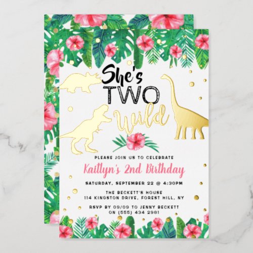 Two Wild Dinosaur Girls 2nd Birthday Real Foil Invitation