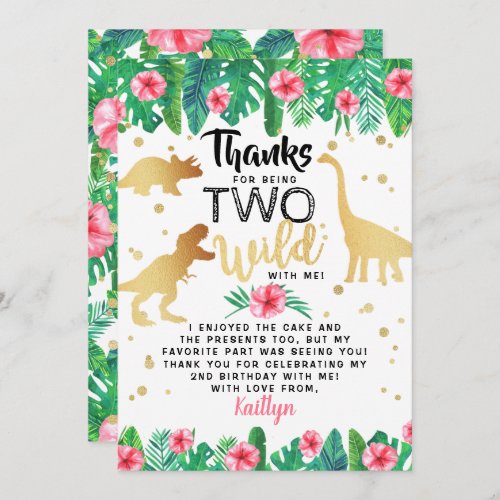 Two Wild Dinosaur Girls Second Birthday Thank You Card