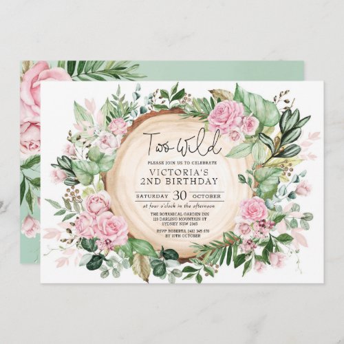 Two Wild Dusty Pink Roses Greenery 2nd Birthday Invitation
