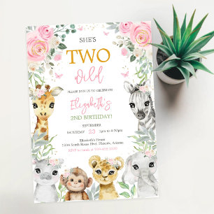 Two Wild Floral Safari Animals Girl Birthday Invitation