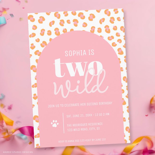 Two Wild Girl 2nd Birthday Invitation (The front and back of the invitation are shown at 5x7-inch size. Choose size, paper, + corner style.)