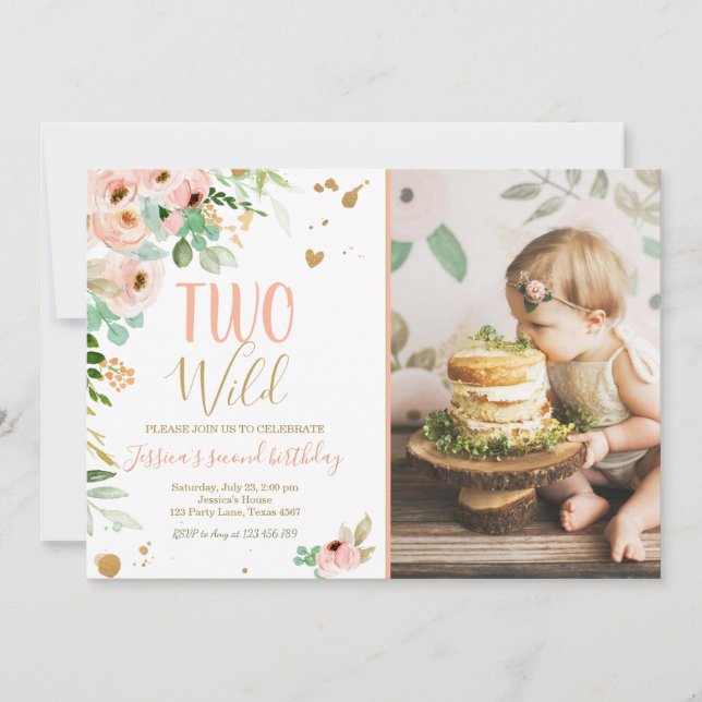 Two Wild Girl 2nd Birthday Invite Floral Pink Gold (Front)