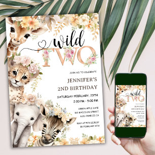 Two Wild Girl Safari Jungle 2nd Birthday Invitation