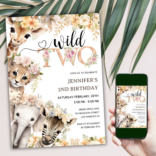 Two Wild  Girl Safari Jungle 2nd Birthday Invitation