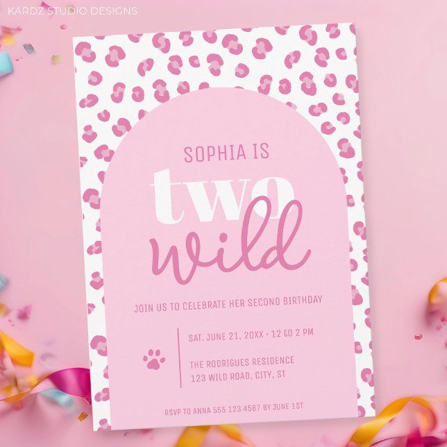Two Wild Girl Second Birthday Invitation (Two Wild, girl´s second birthday pink invitation with a leopard pattern on the background.)