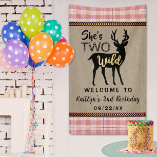 Two Wild Girls Woodland Deer 2nd Birthday Welcome Banner