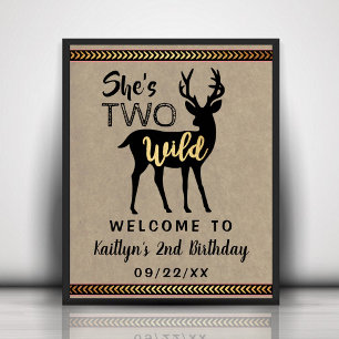 Two Wild Girls Woodland Deer 2nd Birthday Welcome Poster