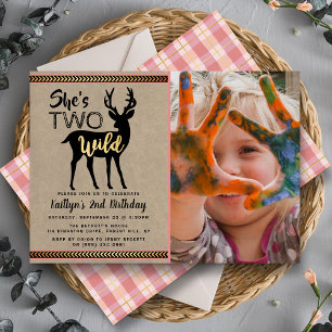 Two Wild Girls Woodland Deer Photo 2nd Birthday Invitation