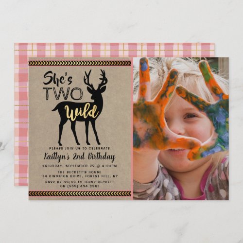 Two Wild Girls Woodland Deer Photo 2nd Birthday Invitation