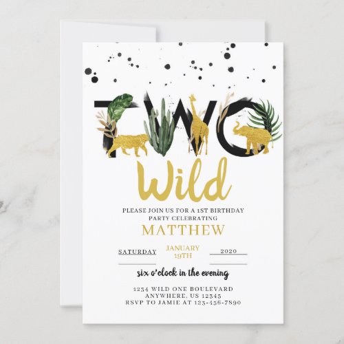 Two Wild Gold Safari Birthday Invitation
