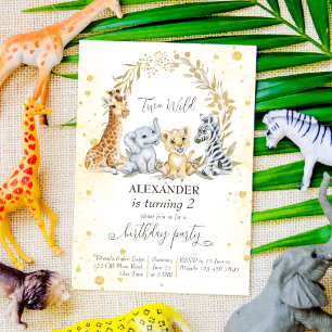 Two wild golden jungle safari animals party invite