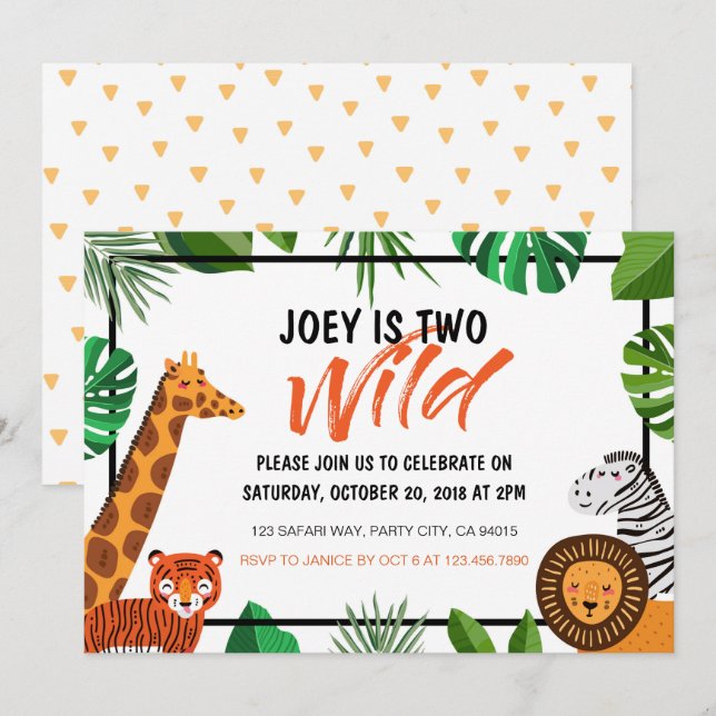 Two Wild Jungle Animal Safari Birthday Invitation (Front/Back)