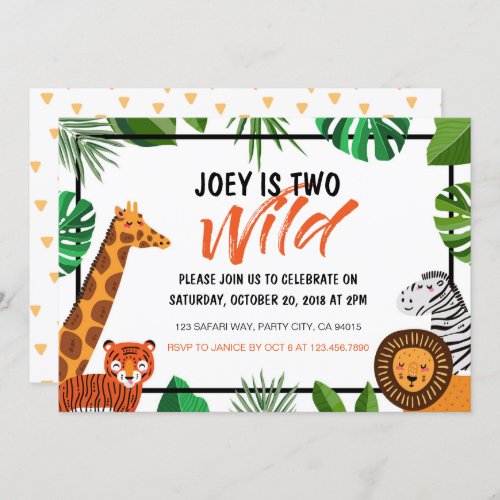 Two Wild Jungle Animal Safari Birthday Invitation