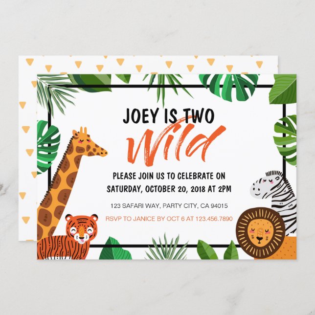 Two Wild Jungle Animal Safari Birthday Invitation (Front/Back)