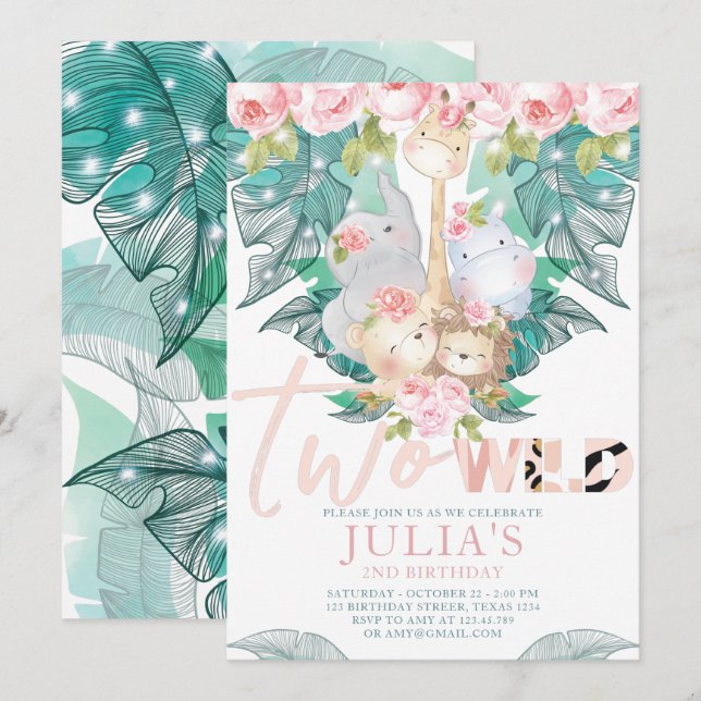 Two Wild Jungle Animals Birthday Cute Invitation (Front/Back)