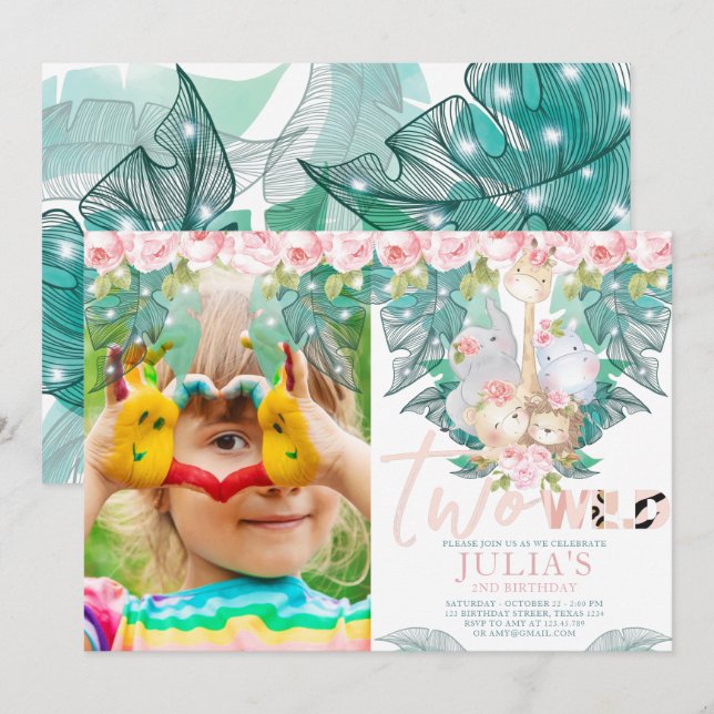 Two Wild Jungle Animals Birthday Photo Invitation (Front/Back)