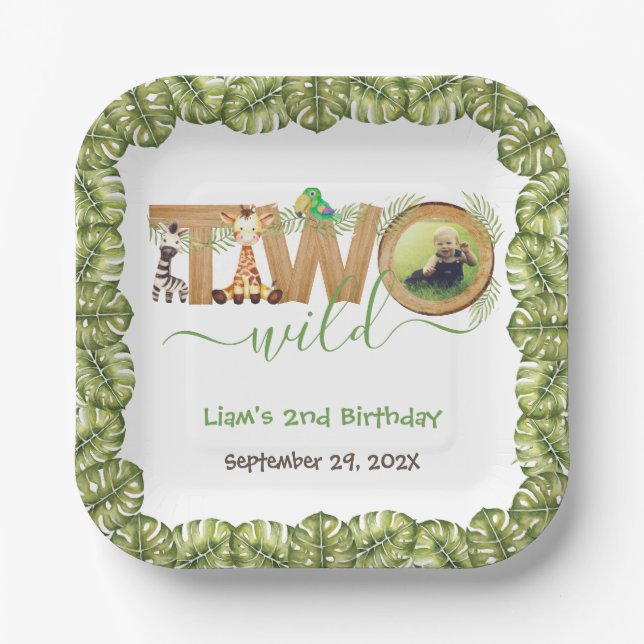 Two Wild Jungle Animals Photo Wood Second Birthday Paper Plates (Front)