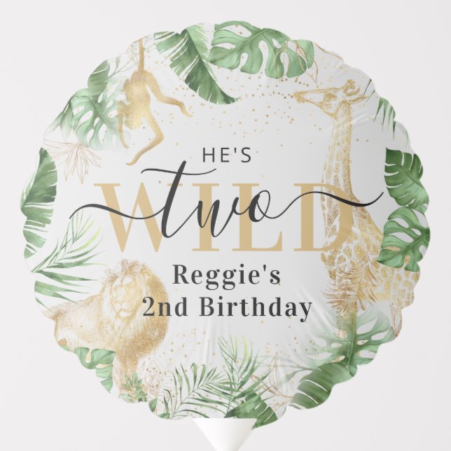 Two Wild Jungle Greenery & Gold 2nd Birthday Balloon (Front)