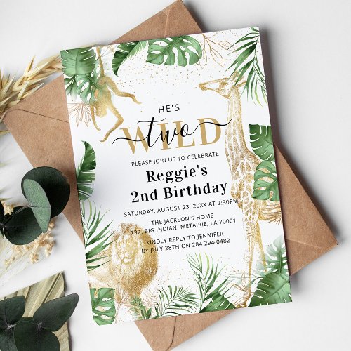 Two Wild Jungle Greenery  Gold 2nd Birthday Party Invitation