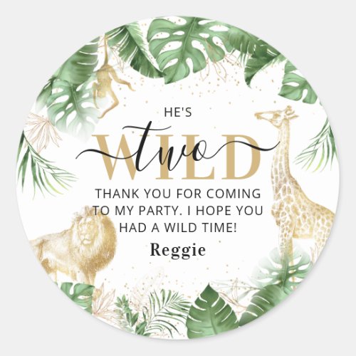 Two Wild Jungle Greenery  Gold Thank You Birthday Classic Round Sticker