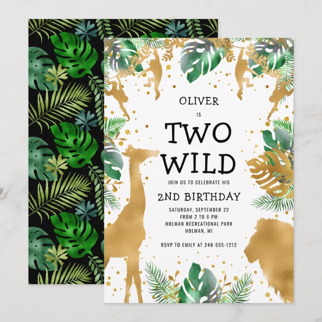 Two Wild Jungle Safari 2nd Birthday Gold Green Invitation (Front/Back)
