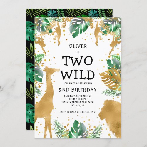 Two Wild Jungle Safari 2nd Birthday Gold Green Invitation