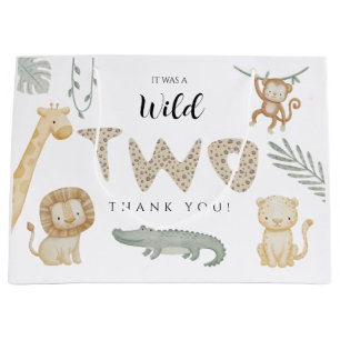 Two Wild Jungle Safari Animals 2nd Birthday Large Gift Bag