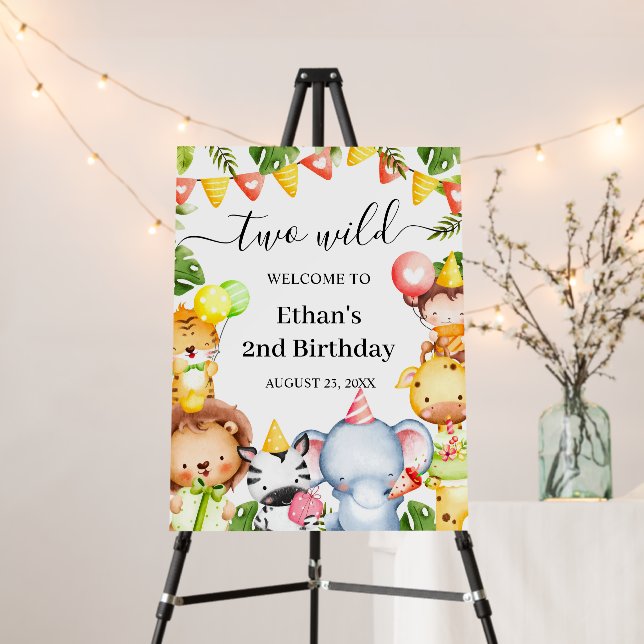 Two Wild Jungle Safari Animals 2nd Birthday Party Foam Board (In Situ (Stand))