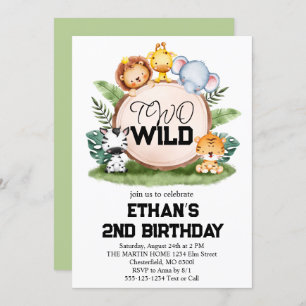 Two Wild Jungle Safari Animals 2nd Birthday Party Invitation