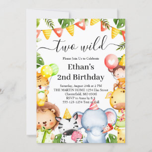 Two Wild Jungle Safari Animals 2nd Birthday Party Invitation