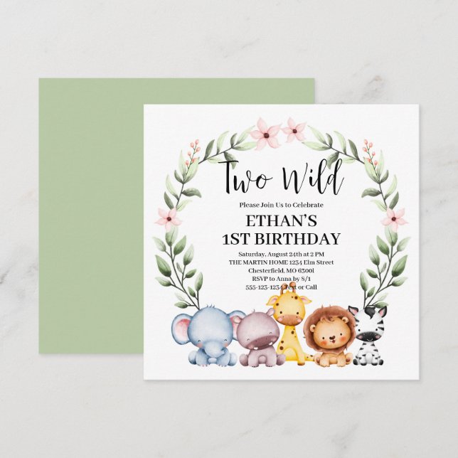 Two Wild Jungle Safari Animals 2nd Birthday Party Invitation (Front/Back)