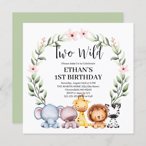 Two Wild Jungle Safari Animals 2nd Birthday Party Invitation