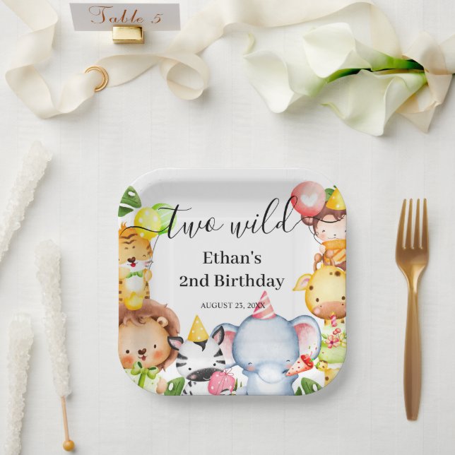 Two Wild Jungle Safari Animals 2nd Birthday Party Paper Plates (Wedding)
