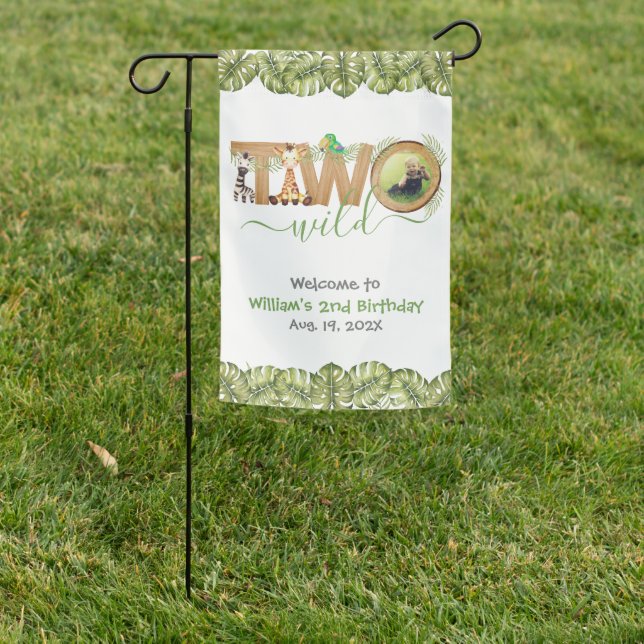 Two Wild Jungle Safari Animals 2nd Birthday Photo  Garden Flag (In SItu)