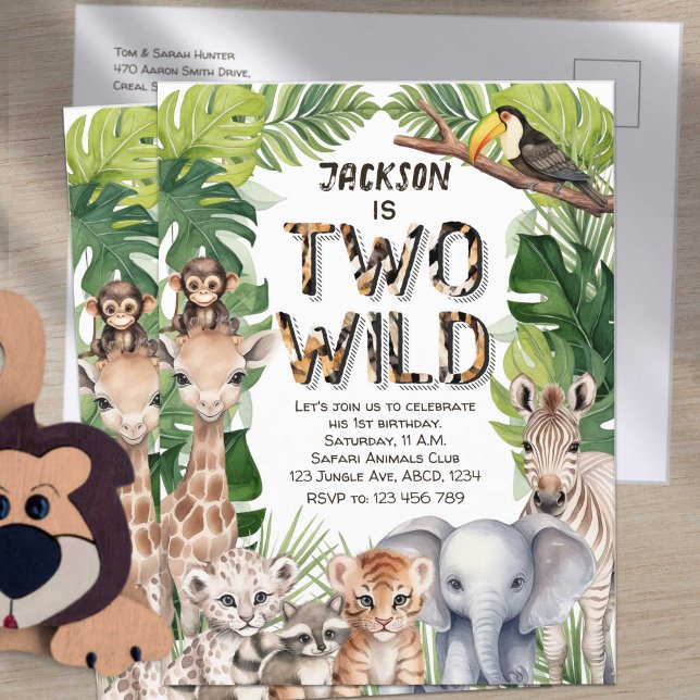 Two Wild Jungle Safari, Boy 2nd Birthday Invitation Postcard (Two Wild Safari, Boy 2sn birthday invitation postcard.)