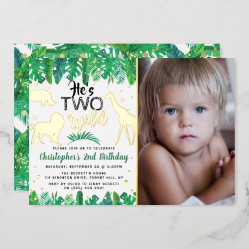 Two Wild Jungle Safari Boys 2nd Birthday Photo Foil Invitation