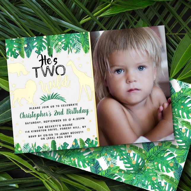 Two Wild Jungle Safari Boys 2nd Birthday Photo Foil Invitation (Creator Uploaded)