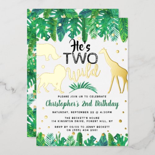 Two Wild Jungle Safari Boys 2nd Birthday Real Foil Invitation