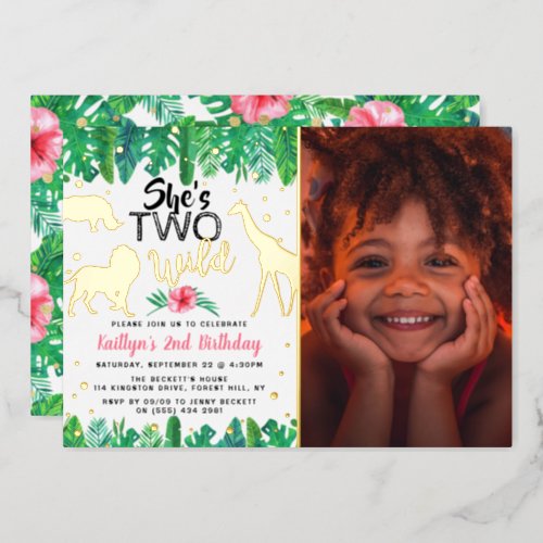 Two Wild Jungle Safari Girls 2nd Birthday Photo Foil Invitation